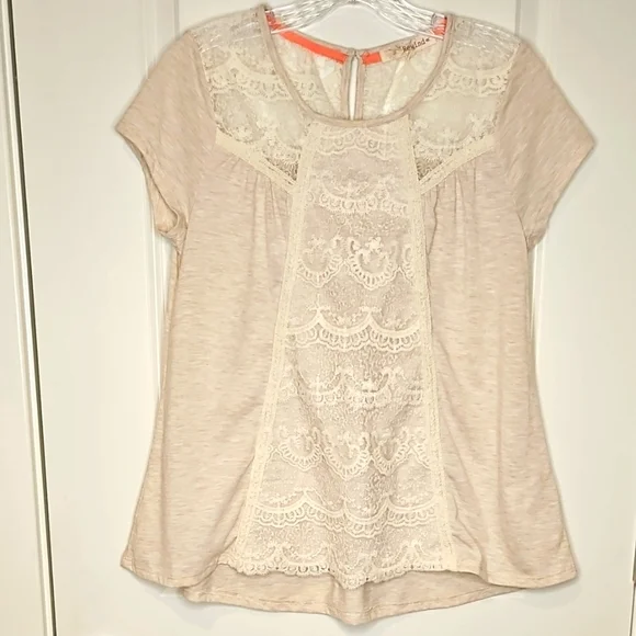 ❤️ Rewind Lace Panel Boho Blouse Medium Neutral Feminine Lace Short Sleeve Top - Picture 3 of 12